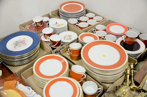 Six tray lots of porcelain to include Fitz Floyd dinner plates and matching cup, two sets of luncheon plates, Philippe Deshoulieres ...
