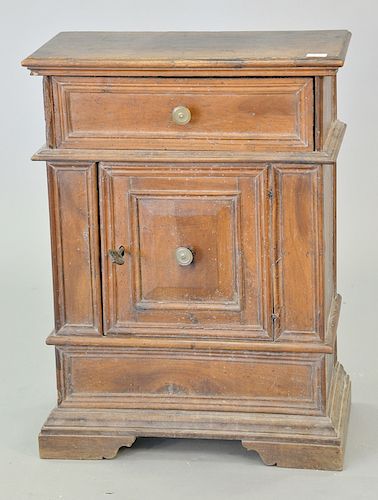 Continental walnut side cabinet having one drawer over single door set on plain molded base, probably Italian 18th century. ht. 33 1...