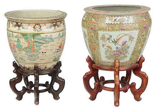 Two Large Chinese Enamel Decorated Fish Bowls