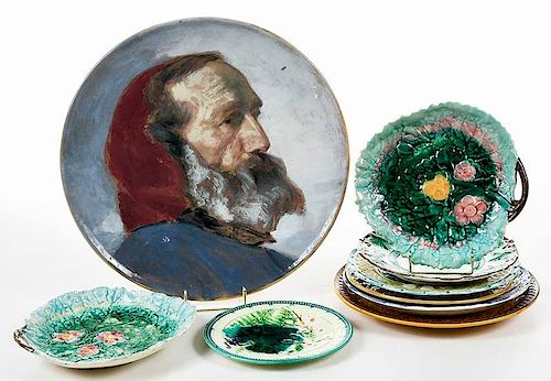 Nine Majolica and Paint Decorated Dishes