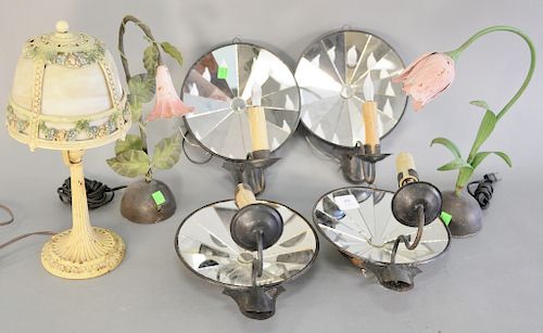 Nine piece lamp lot to include two pairs of mirrored sconces, slag glass lamp, hanging oil lamp, pair of painted tole flower lamps, ...