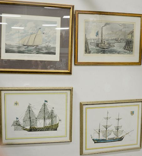 Group of six marine prints and lithographs to include "The America Schooner " print, P.S. Britannia 1840 print, Sovereign of the Sea...