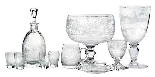 Ten Pieces Etched Glass with Hunt Scenes