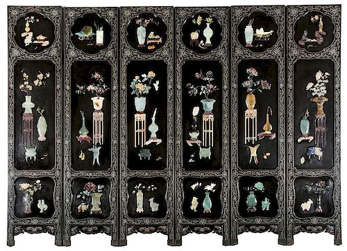 Chinese Lacquer Screen with Hardstone Elements