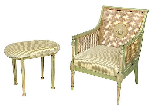 Louis XVI Style Paint Decorated Chair and Stool