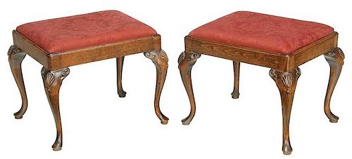 Pair Queen Anne Style Carved Beech Footstools