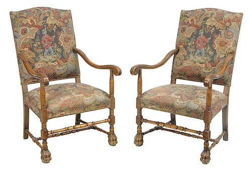 Pair Flemish Baroque Style Open Armchairs