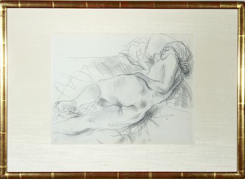 Moses Soyer "Reclining Female Nude" Pencil Drawing