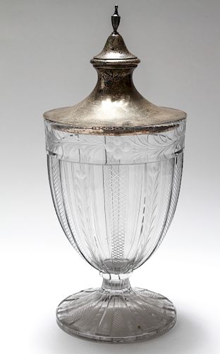 Meriden Silver Lid Large Etched Glass Urn C. 1900