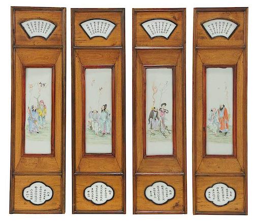 Four Chinese Porcelain and Hardwood Panels