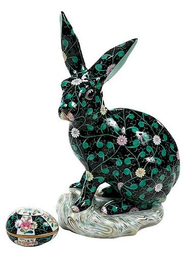 Herend Porcelain Black Dynasty Rabbit, Egg