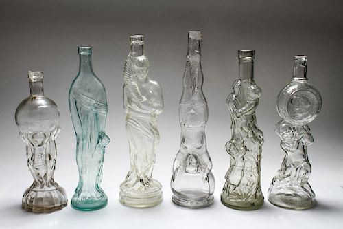 Figural Colorless Glass Bottles Group of 6
