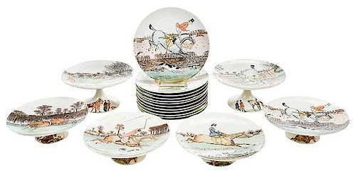 18 Piece Set, Comical Fox Hunt Plates and Tazzas