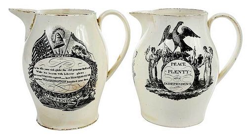 Two Black Transfer Decorated Creamware Pitchers