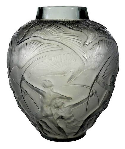 R. Lalique Archers Gray Glass Vase