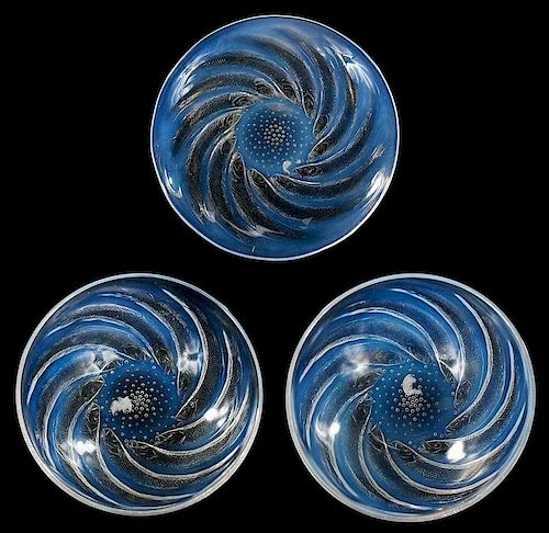 R. Lalique Poissons Opalescent Plate, Two Bowls