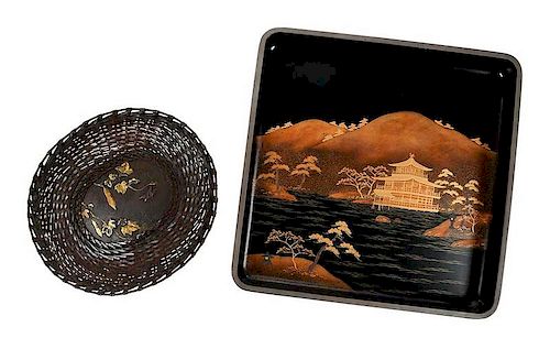 Japanese Copper Basket with Lacquer Tray