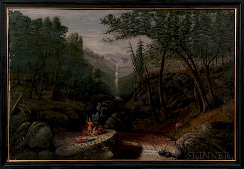 Large Naïve Oil on Canvas Landscape Depicting Indians
