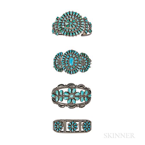 Four Zuni Turquoise Cluster Bracelets