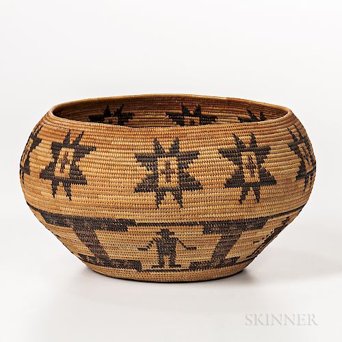 Yokuts Polychrome Pictorial Basketry Bowl