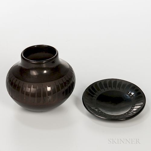 San Ildefonso Black-on-black Pottery Jar and Small Plate