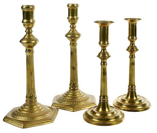 Two Pairs Tall Brass Chippendale Candlesticks