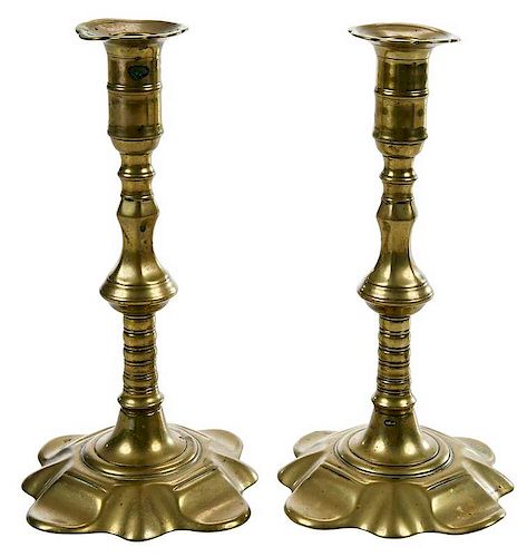 Pair Georgian Brass Petal Base Candlesticks