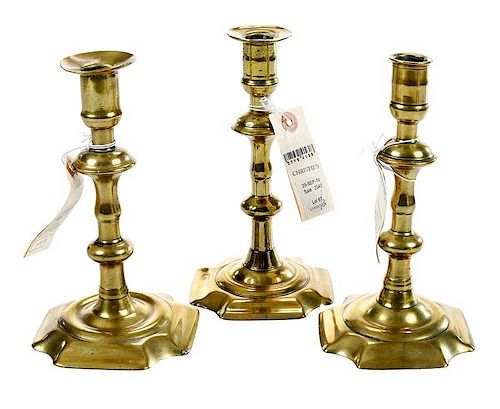 Three Signed George II Brass Candlesticks