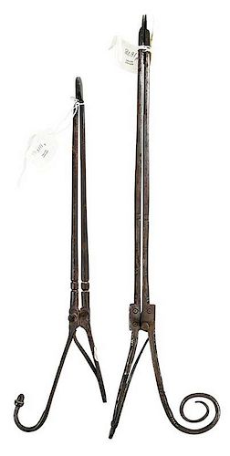 Two Pair Early Wrought Iron Spring Pipe Tongs