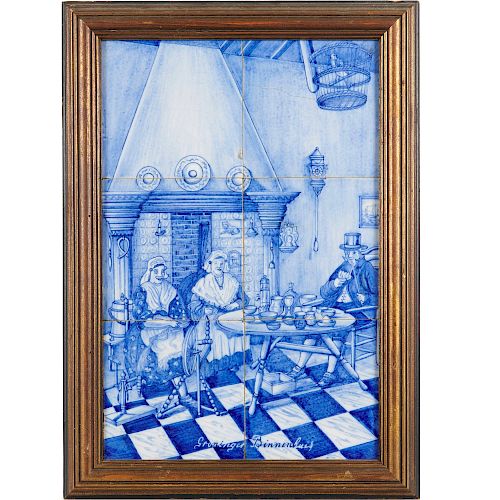 Framed Dutch Delft tile, "Groninger Binnenhuis"