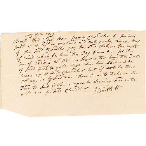 Josiah Bartlett autograph note, signed, 1769