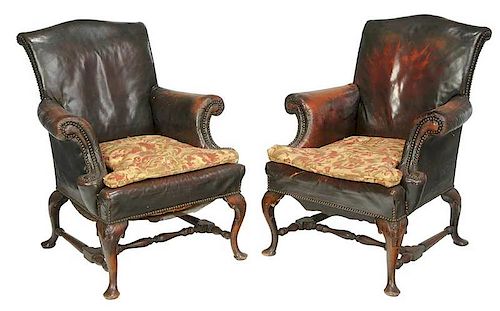 Pair Queen Anne Style Carved Walnut Armchairs