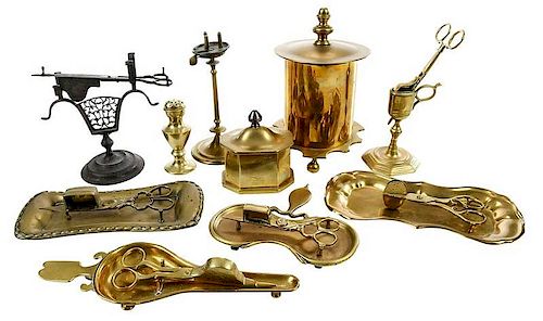 16 Early Brass Desk Accessories, Snuffers