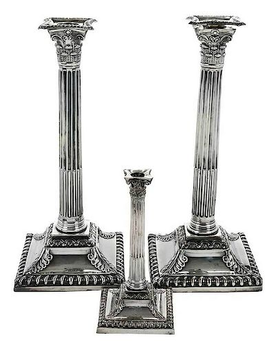 Three English Silver Plate Candlesticks