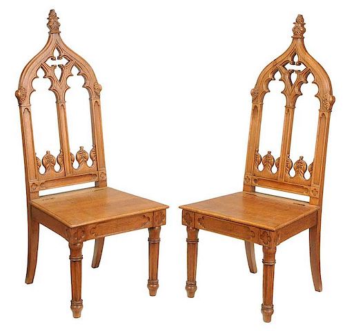 Pair Gothic Revival Carved Oak Hall Chairs