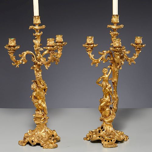 Pair gilt bronze figural candelabra lamps