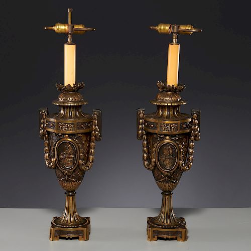 Pair Continental Neoclassic style bronze lamps