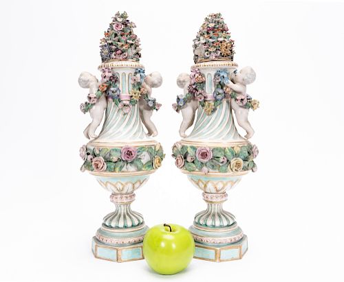 Pair, Early 20th C. Meissen Style Urns
