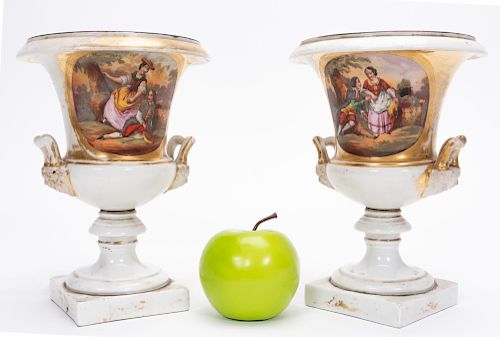 Pair, 19th C. Old Paris Urns w/ Figural Scenes