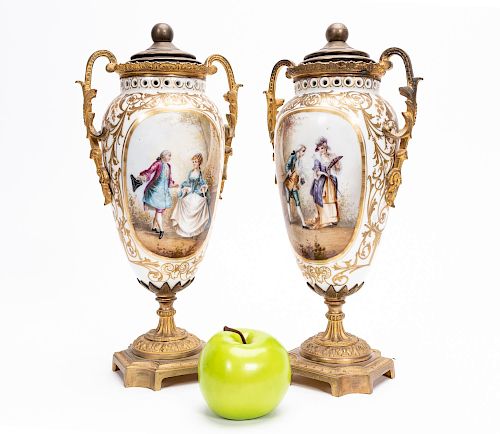 Pair, 20th C. Sevres Style Porcelain Lidded Urns