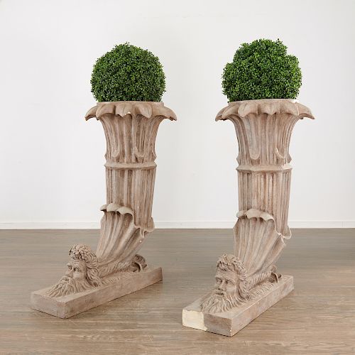 Pair monumental Rhyton-form garden urns
