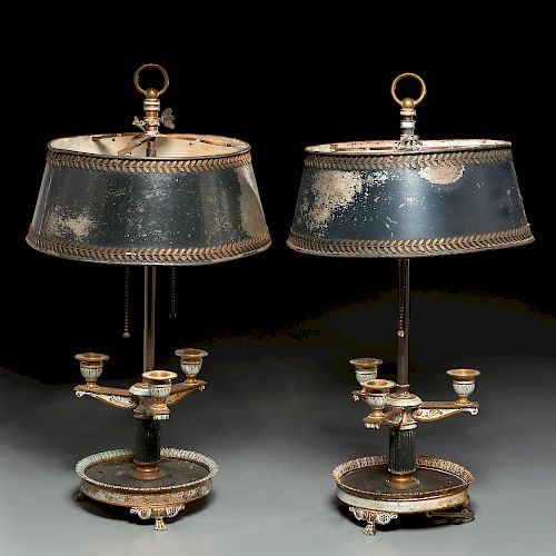 Near pair Louis XVI style bronze bouillottes lamps