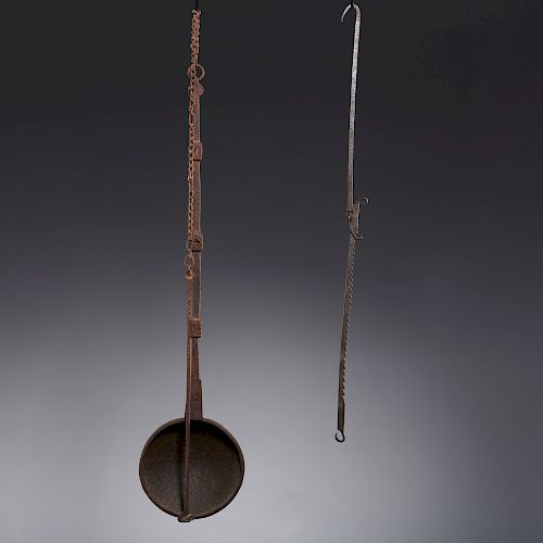 (2) early hand forged iron cooking tools
