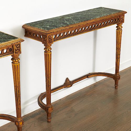 Pair Louis XVI-style marble top consoles