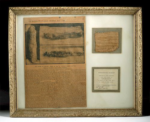 Framed Egyptian Mummy Wrapping Fragment + News Article