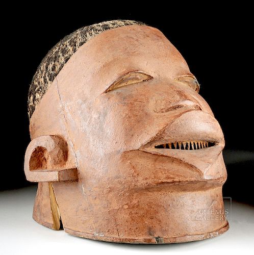 Mid-20th C. African Makonde Wooden Helmet Mask w/ Hair