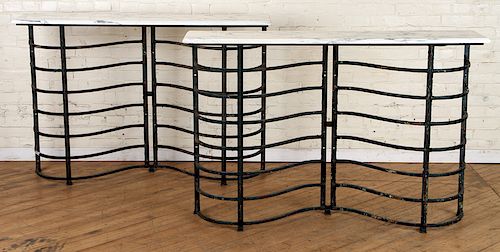PAIR IRON MARBLE WAVE FORM CONSOLE TABLES C.1900
