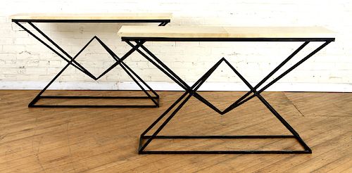 PAIR OF ANGULAR IRON AND PARCHMENT CONSOLE TABLES
