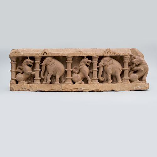 Indian Carved Sandstone Fragmentary Frieze of Elephants and Rampant Lions