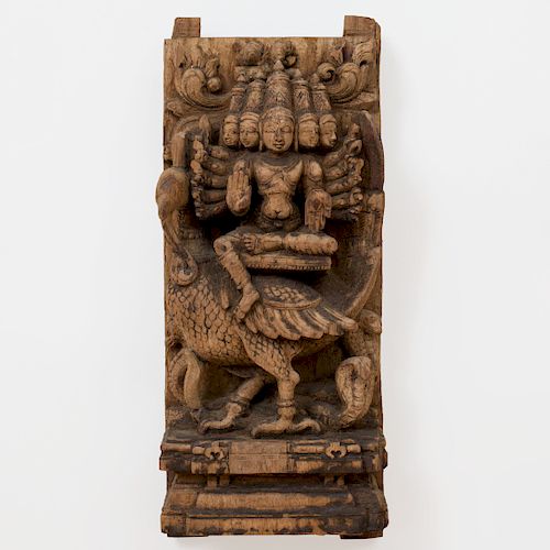 South India Carved Wood Panel of Kartikeya